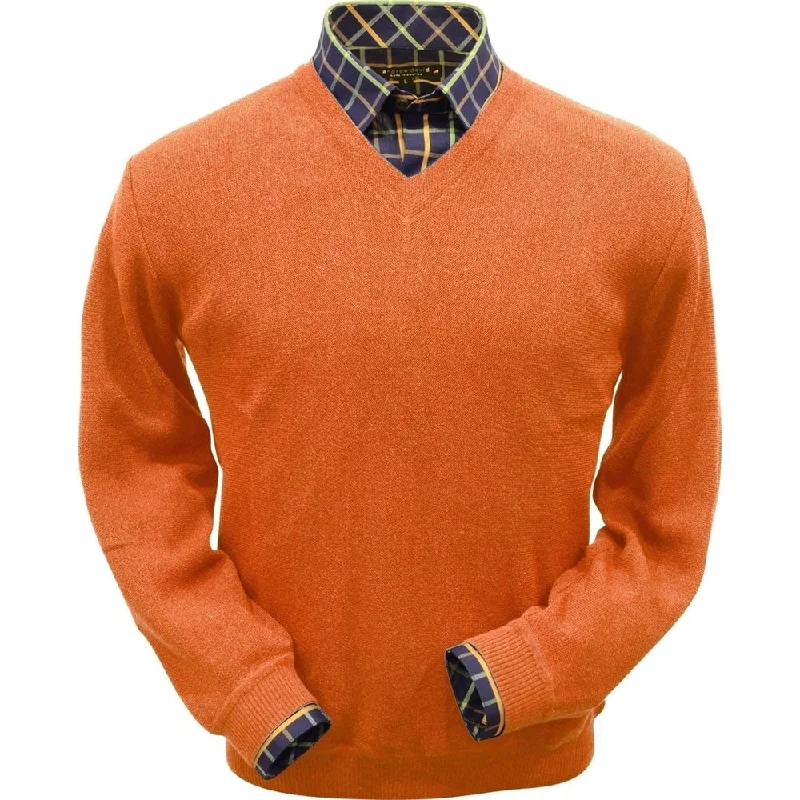 Men's Sweaters with Ribbed WaistbandsBaby Alpaca 'Links Stitch' V-Neck Sweater in Orange by Peru Unlimited Men's Sweaters with Ribbed WaistbandsBaby Alpaca 'Links Stitch' V-Neck Sweater in Orange by Peru Unlimited