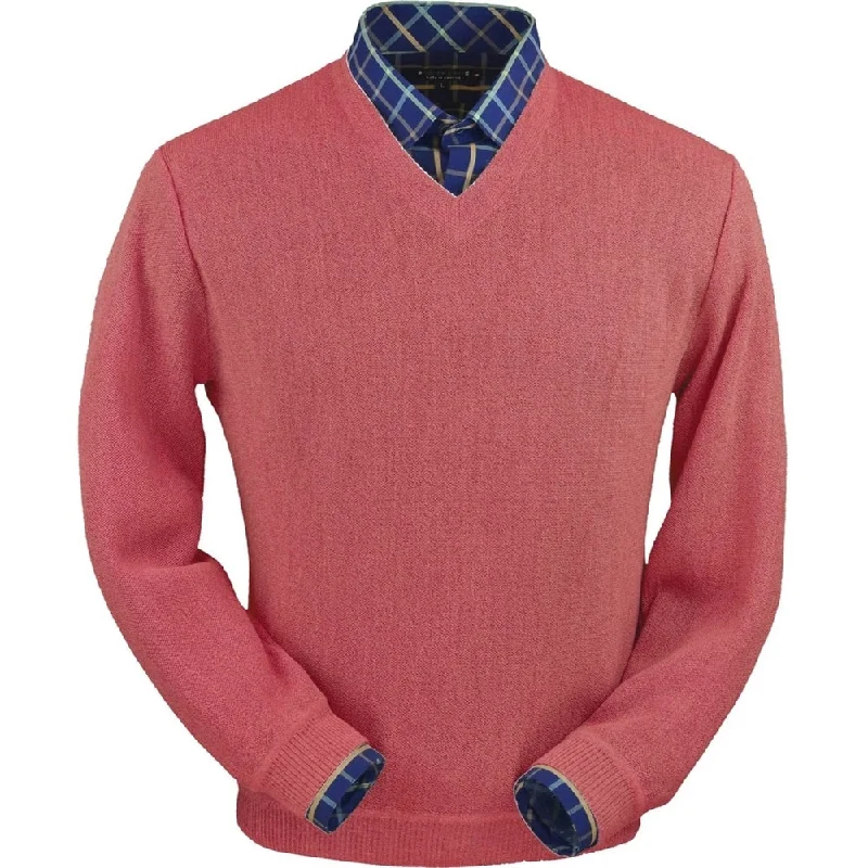 Men's Sweaters in Pastel ShadesBaby Alpaca 'Links Stitch' V-Neck Sweater in Red Coral Heather by Peru Unlimited Men's Sweaters in Pastel ShadesBaby Alpaca 'Links Stitch' V-Neck Sweater in Red Coral Heather by Peru Unlimited