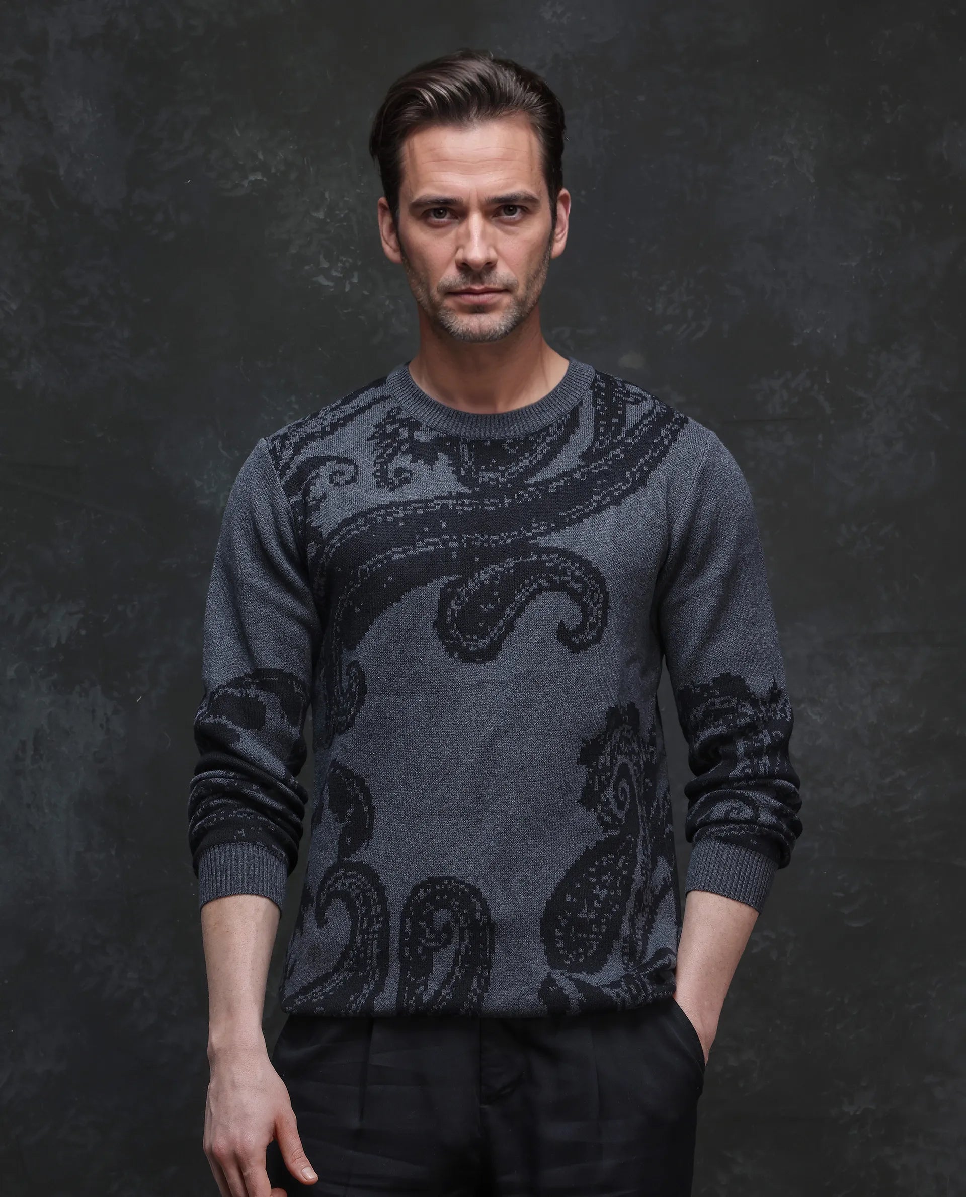 Men's Sweaters with Relaxed FitsRare Rabbit Men's Zuri Grey Cotton Fabric Full Sleeve Crew Neck Paisley Print Premium Jacquard Sweater Men's Sweaters with Relaxed FitsRare Rabbit Men's Zuri Grey Cotton Fabric Full Sleeve Crew Neck Paisley Print Premium Jacquard Sweater
