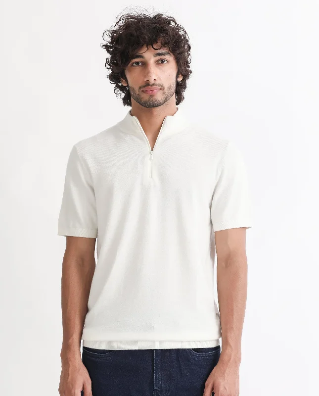 Men's Shirts with Chest PocketsRare Rabbit Men's Alfet Z White Half Sleeves High Neck Zipper Collar Knitted T-Shirt Men's Shirts with Chest PocketsRare Rabbit Men's Alfet Z White Half Sleeves High Neck Zipper Collar Knitted T-Shirt