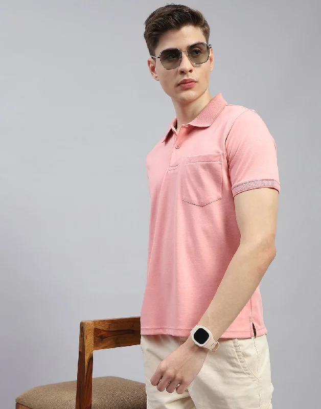 Men's Shirts with Convertible CollarsMen Pink Solid Polo Collar Half Sleeve T-Shirt