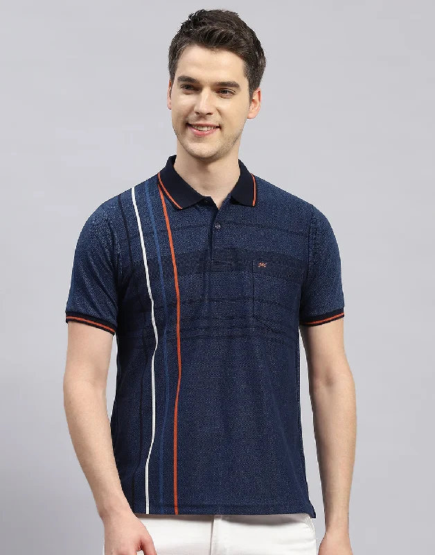 Men's Shirts with Appliquéd SleevesMen Navy Blue Stripe Polo Collar Half Sleeve T-Shirt Men's Shirts with Appliquéd SleevesMen Navy Blue Stripe Polo Collar Half Sleeve T-Shirt