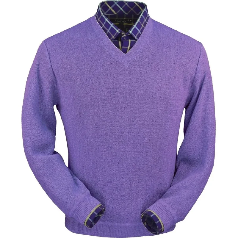 Men's Sweaters for Cold WeatherBaby Alpaca 'Links Stitch' V-Neck Sweater in Lilac Heather by Peru Unlimited Men's Sweaters for Cold WeatherBaby Alpaca 'Links Stitch' V-Neck Sweater in Lilac Heather by Peru Unlimited