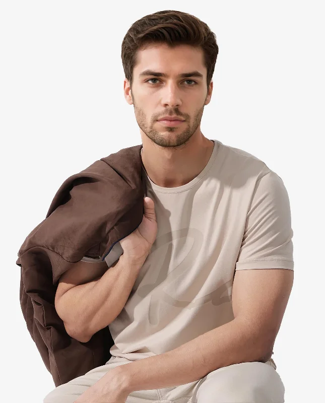 Casual Men's T-ShirtsRare Rabbit Men's Stamp-2 Beige Cotton Lycra Fabric Half Sleeves Graphic Signature Print T-Shirt Casual Men's T-ShirtsRare Rabbit Men's Stamp-2 Beige Cotton Lycra Fabric Half Sleeves Graphic Signature Print T-Shirt