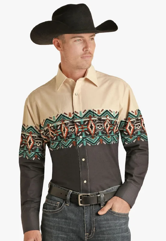 Men's Smart Casual Shirts for Business Casual SettingsPanhandle Mens Aztec Skull Border Long Sleeve Shirt Men's Smart Casual Shirts for Business Casual SettingsPanhandle Mens Aztec Skull Border Long Sleeve Shirt