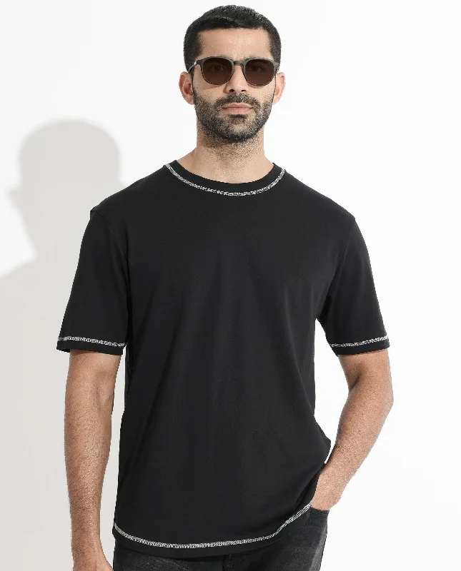 Men's Shirts for HuntingRare Rabbit Men's Sable Black Crew Neck Half Sleeves Drop Shoulder With Contrast Overstitch Boxy Fit Solid T-Shirt Men's Shirts for HuntingRare Rabbit Men's Sable Black Crew Neck Half Sleeves Drop Shoulder With Contrast Overstitch Boxy Fit Solid T-Shirt
