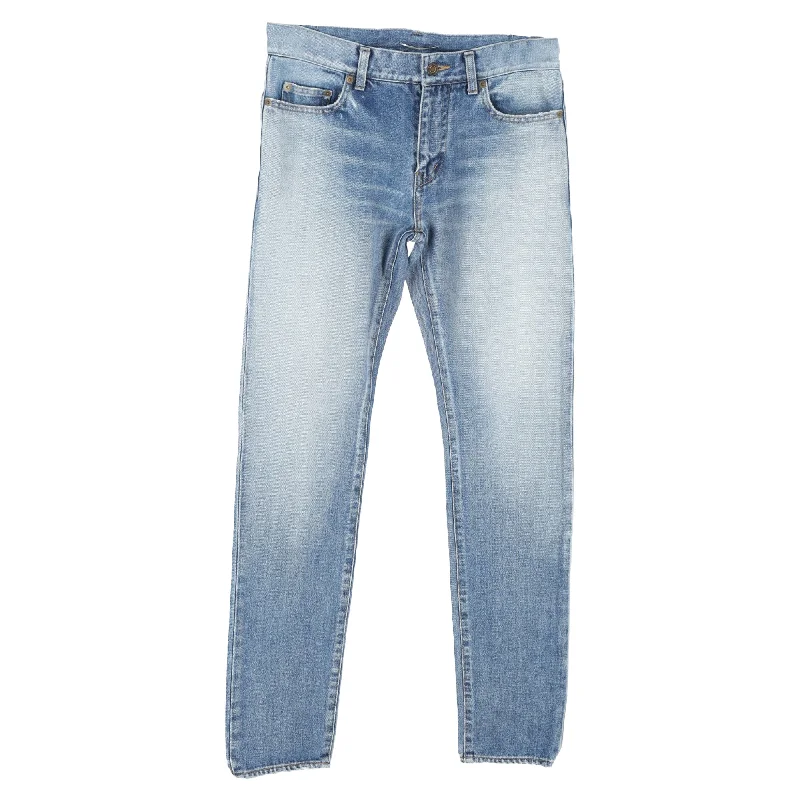 Oversized Men's JeansSaint Laurent Faded Jeans in Light Blue Cotton Denim
