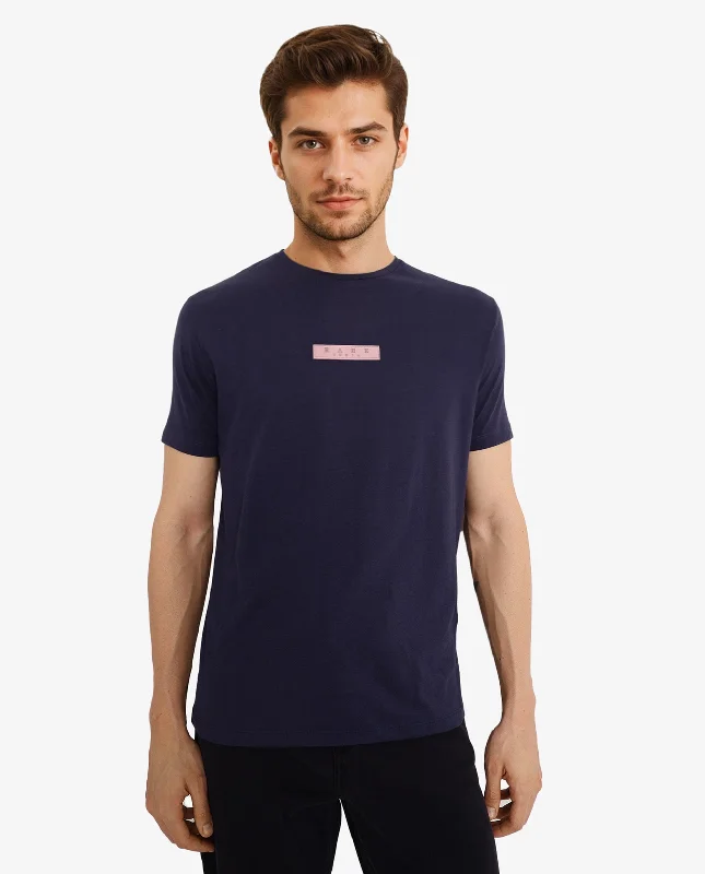 Men's Casual Shirts for Everyday WearRare Rabbit Men's Rubber Primary Navy Crew Neck Chest Rubber Branding Half Sleeves Slim Fit T-Shirt Men's Casual Shirts for Everyday WearRare Rabbit Men's Rubber Primary Navy Crew Neck Chest Rubber Branding Half Sleeves Slim Fit T-Shirt