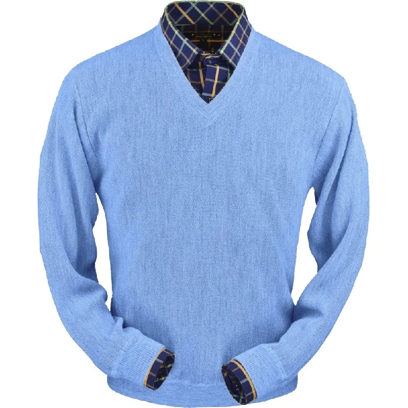 Versatile Men's Zip-Up SweatersBaby Alpaca 'Links Stitch' V-Neck Sweater in Sea Blue by Peru Unlimited Versatile Men's Zip-Up SweatersBaby Alpaca 'Links Stitch' V-Neck Sweater in Sea Blue by Peru Unlimited