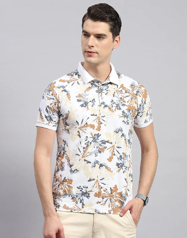 Men's Shirts with Patchwork SleevesMen White Floral Print Polo Collar Half Sleeve T-Shirt Men's Shirts with Patchwork SleevesMen White Floral Print Polo Collar Half Sleeve T-Shirt
