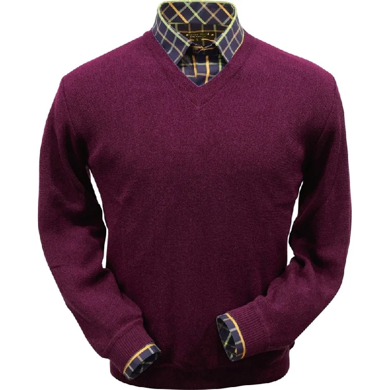 Men's Sweaters with Appliqué DetailsBaby Alpaca 'Links Stitch' V-Neck Sweater in Raspberry by Peru Unlimited Men's Sweaters with Appliqué DetailsBaby Alpaca 'Links Stitch' V-Neck Sweater in Raspberry by Peru Unlimited