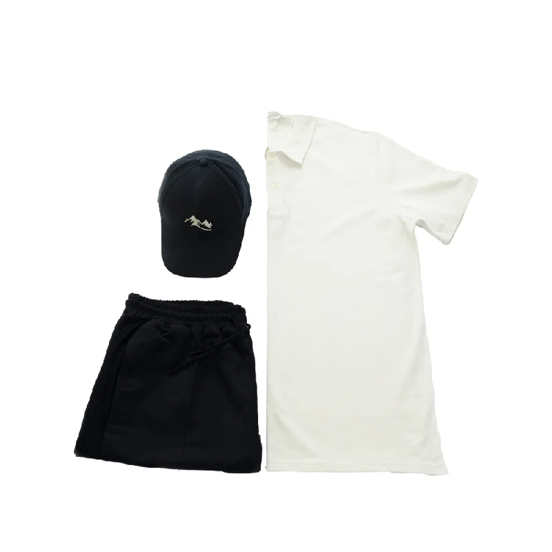 White Shirt/Black Hat/Black Shorts