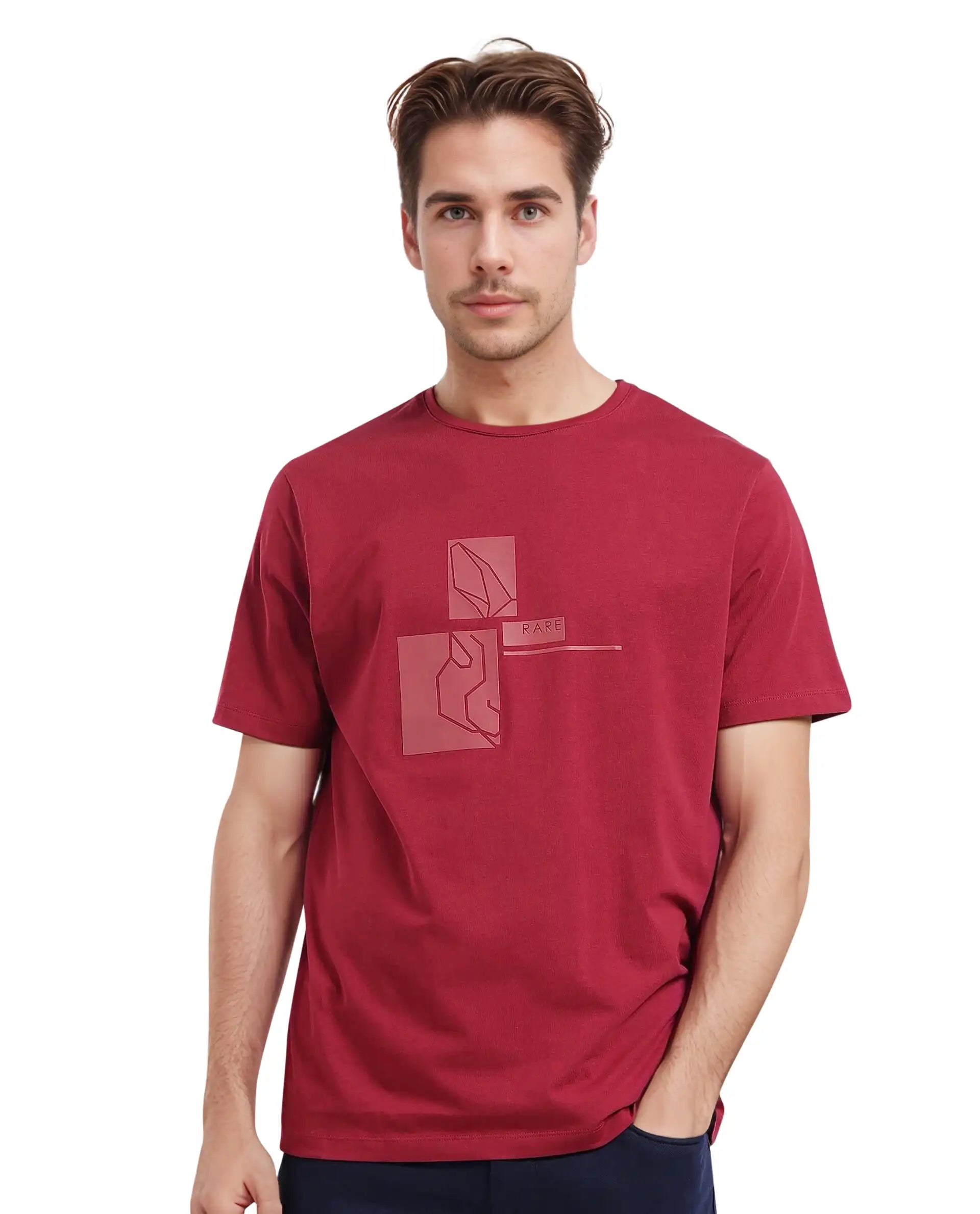 Men's Flowy Shirts for a Relaxed LookRare Rabbit Men's Feine-1 Red Cotton Lycra Fabric Short Sleeve Crew Neck Graphic Print T-Shirt Men's Flowy Shirts for a Relaxed LookRare Rabbit Men's Feine-1 Red Cotton Lycra Fabric Short Sleeve Crew Neck Graphic Print T-Shirt