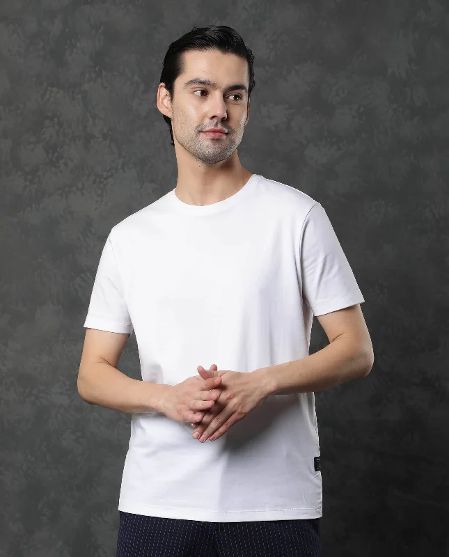 Men's Shirts with Roll-Up SleevesRare Rabbit Men's Gis White Cotton Fabric Crew Neck Half Sleeves Regular Fit Solid T-Shirt Men's Shirts with Roll-Up SleevesRare Rabbit Men's Gis White Cotton Fabric Crew Neck Half Sleeves Regular Fit Solid T-Shirt