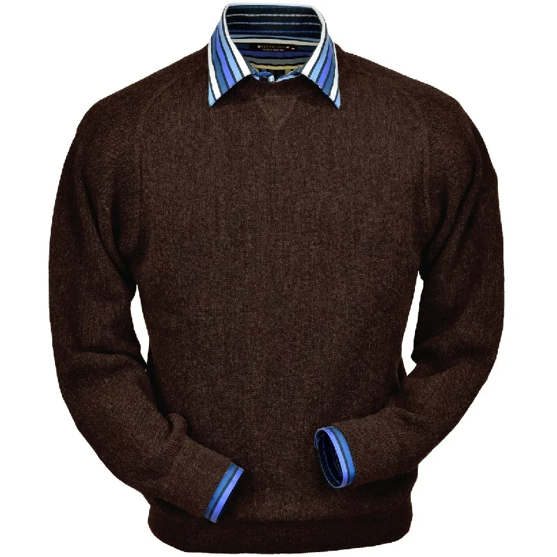 Men's Sweaters with Tailored FitsBaby Alpaca 'Links Stitch' Sweatshirt-Style Crew Neck Sweater in Dark Brown Heather by Peru Unlimited