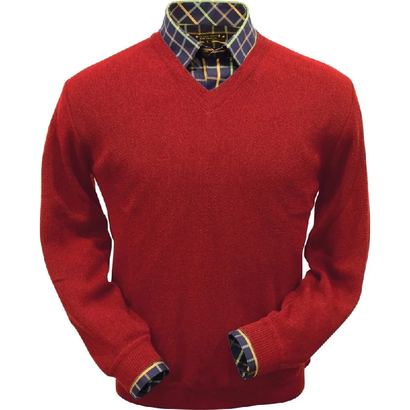 Fitted Men's Slim-Fit SweatersBaby Alpaca 'Links Stitch' V-Neck Sweater in Rouge Red by Peru Unlimited Fitted Men's Slim-Fit SweatersBaby Alpaca 'Links Stitch' V-Neck Sweater in Rouge Red by Peru Unlimited