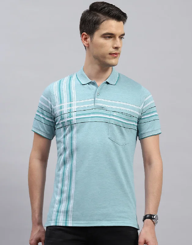 Men's Shirts with Embellished HemlinesMen Blue Stripe Polo Collar Half Sleeve T-Shirt Men's Shirts with Embellished HemlinesMen Blue Stripe Polo Collar Half Sleeve T-Shirt