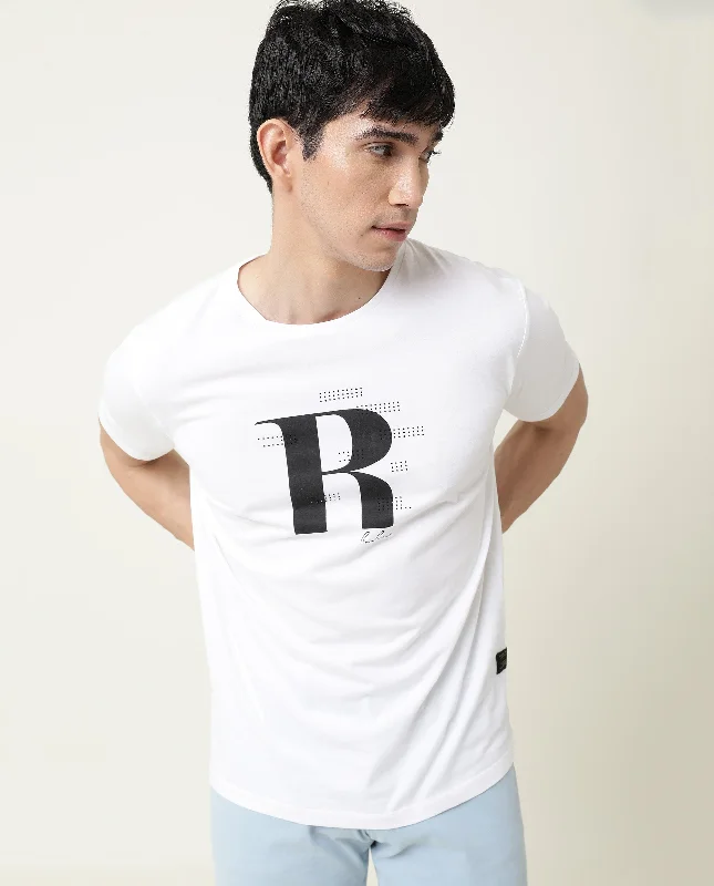 Men's Shirts for Beach OutingsRare Rabbit Men's Nam White Crew Neck Graphic Printed Logo Half Sleeves Slim Fit T-Shirt Men's Shirts for Beach OutingsRare Rabbit Men's Nam White Crew Neck Graphic Printed Logo Half Sleeves Slim Fit T-Shirt