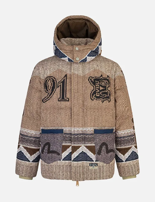 Affordable Winter HatsAllover Chimayo Tapestry Knit Print Regular Fit Down Jacket
