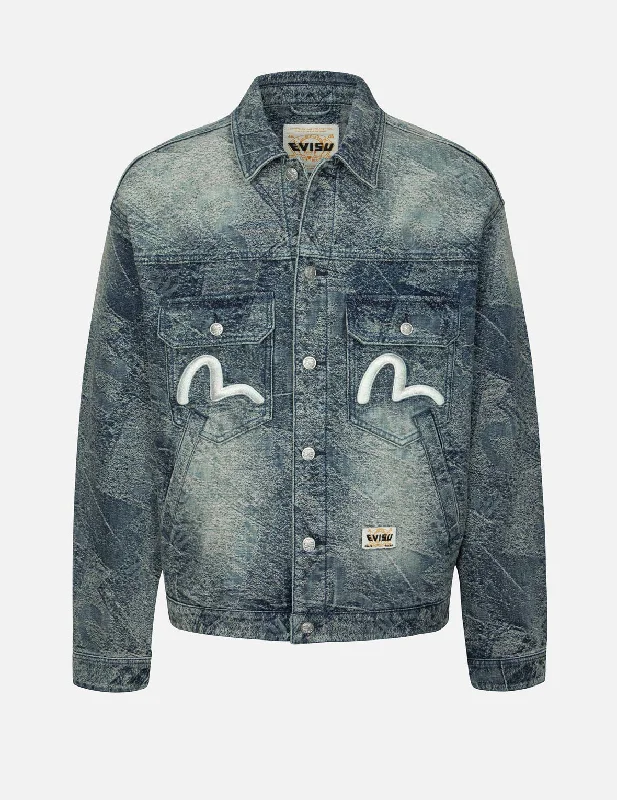 Attractive Bucket HatsAllover Pocket Print and Seagull Embroidery Loose Fit Denim Jacket Attractive Bucket HatsAllover Pocket Print and Seagull Embroidery Loose Fit Denim Jacket