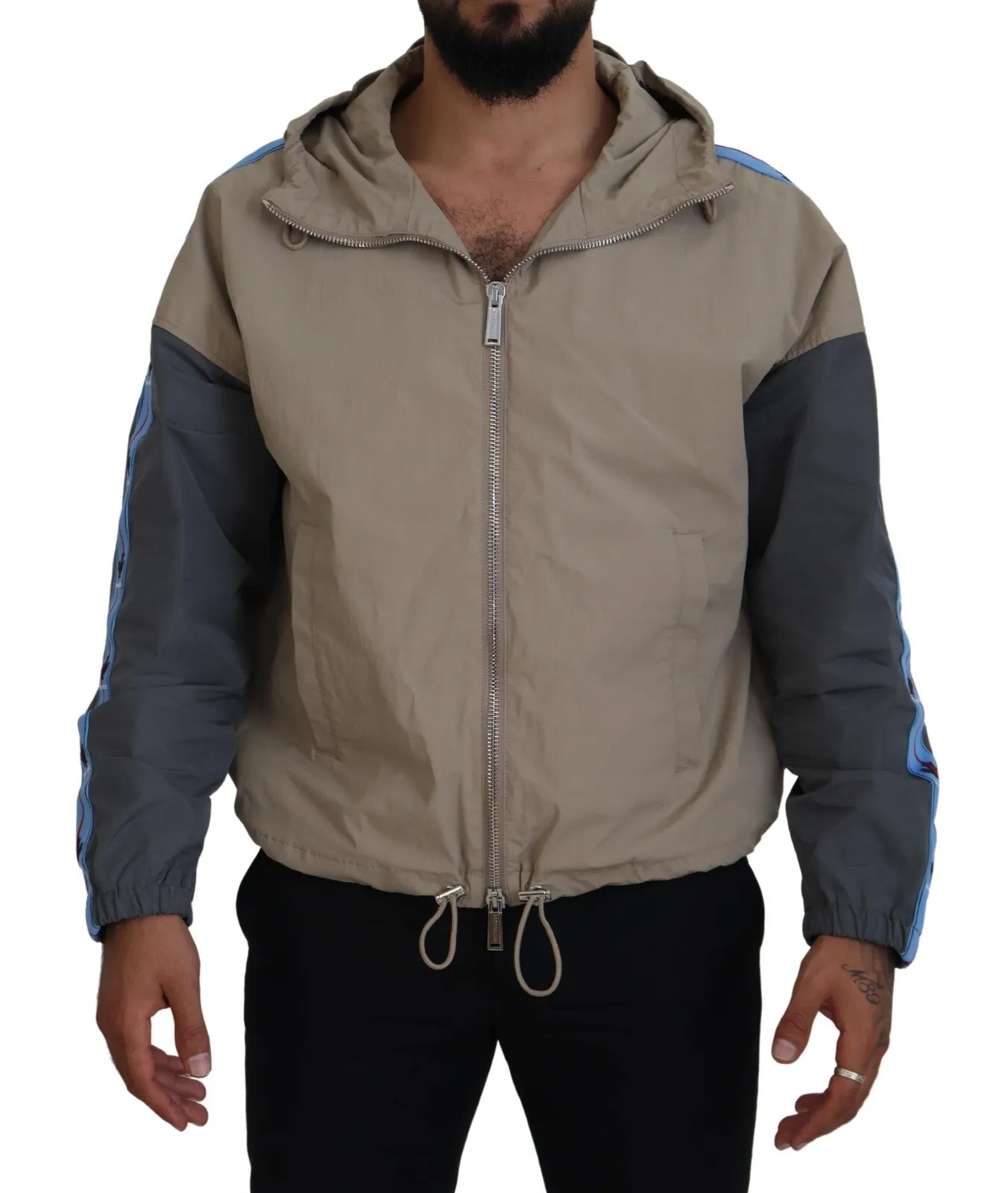 Cheap Winter HatsBrown Gray Sleeves Hooded Full Zip Jacket