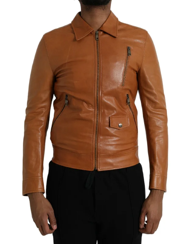 Women's Bucket HatsBrown Lamb Leather Full Zip Blouson Jacket