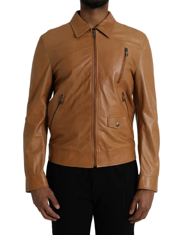 Youth Baseball HatsBrown Lamb Leather Full Zip Blouson Jacket