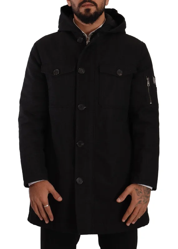 All-Weather Fishing HatsElegant Black Parka Hooded Jacket
