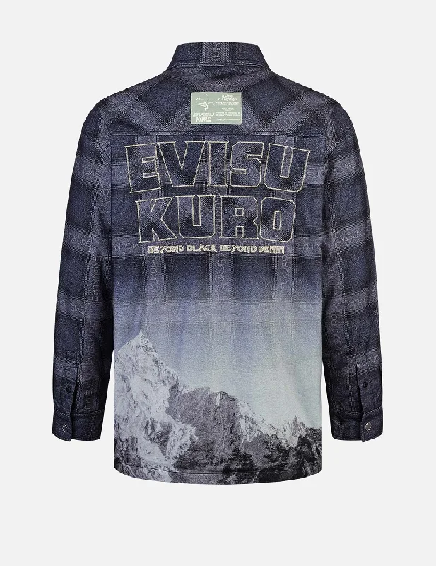 Casual Beanie CapsFlannel Check with Snow Mountian Print Relax Fit Shirt Jacket