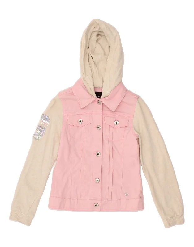 Modern BeaniesGUESS Girls Graphic Hooded Denim Jacket 8-9 Years Pink Colourblock Cotton