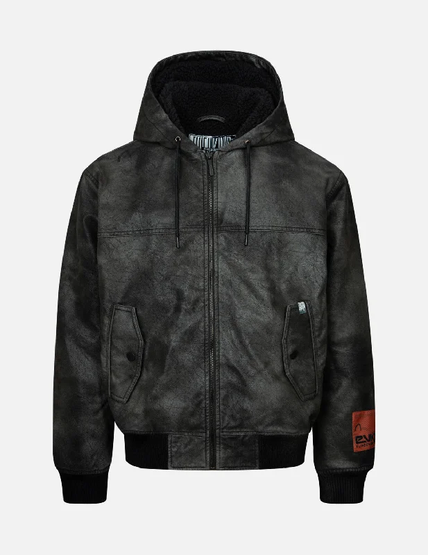 Affordable Winter BeaniesHooded Grain Pattern Regular Fit Leather Bomber Jacket