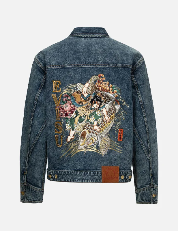 Reversible Bucket HatsKamon and Seagull Brocade Appliqué with Carp Embrodiery Relax Fit Denim Jacket Reversible Bucket HatsKamon and Seagull Brocade Appliqué with Carp Embrodiery Relax Fit Denim Jacket