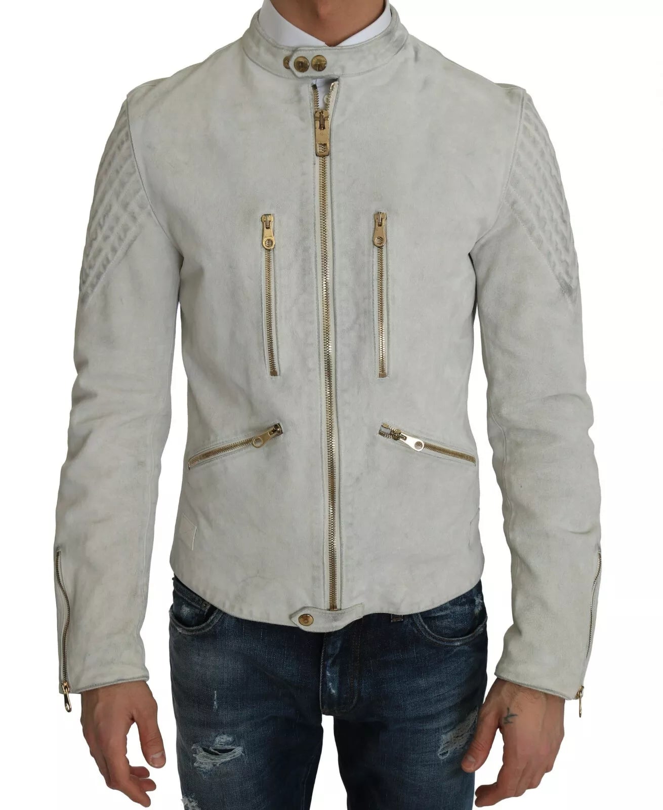 Plain Beanie CapsLeather White Biker Motorcycle Jacket