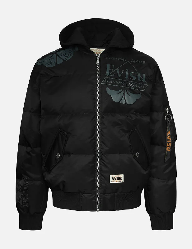 Durable Workwear HatsLogo and Kamon Print Loose Fit Bomber Down Jacket