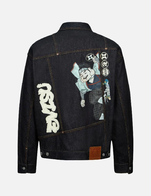Sun-Protective Fishing HatsNinja Godhead Print Loose Fit Deconstructive Denim Jacket
