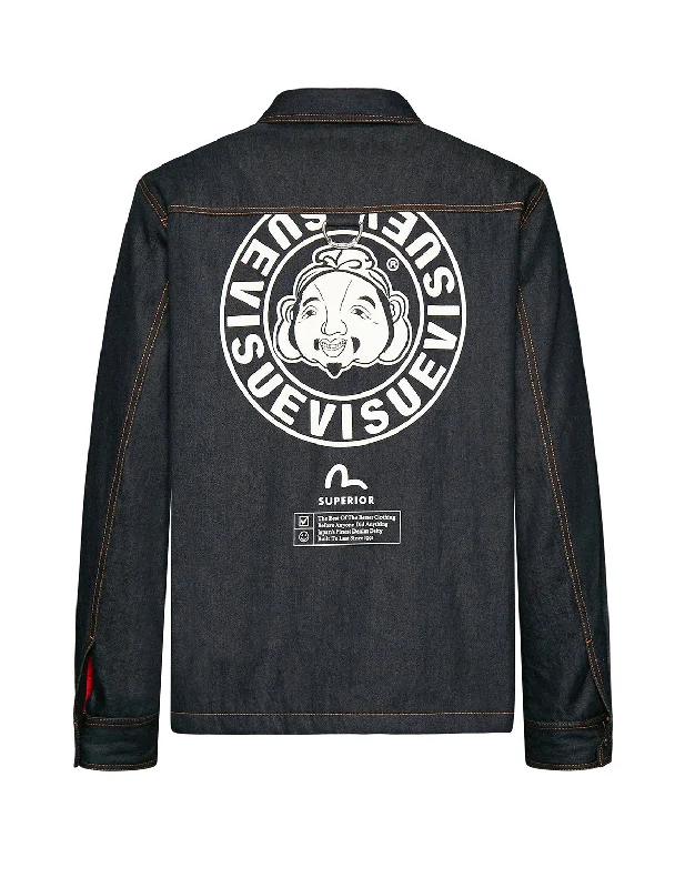 Adjustable Beanie HatsPadded Denim Shirt Jacket with Godhead Print