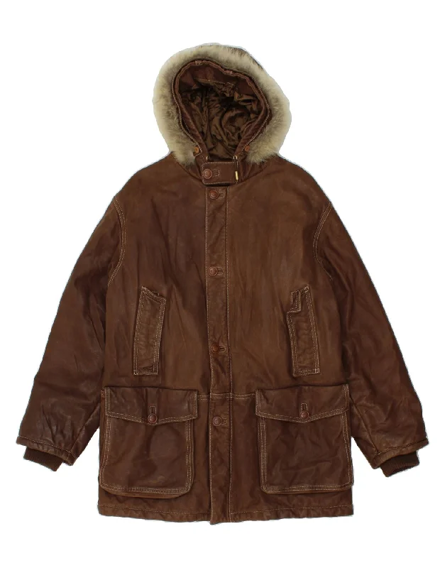 High-Quality BeaniesPOLLINI Mens Hooded Parka Jacket IT 50 Large Brown