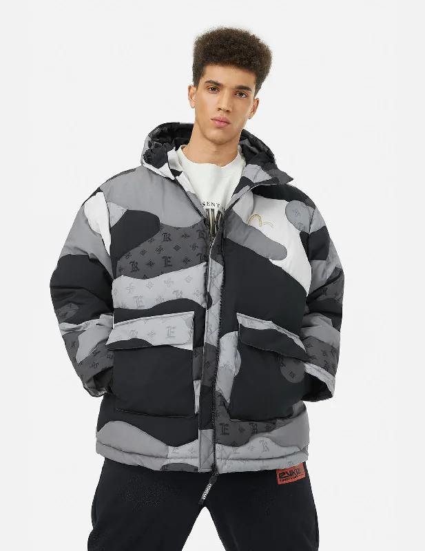 Best Beanie Hats for WinterQuilted Camouflage Panels and Allover Logo Print Loose Fit Down Jacket