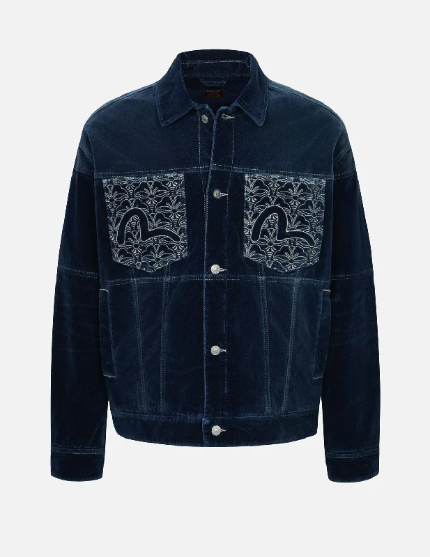 Lightweight Bucket HatsSeagull and Allover Kamon Embroidery Pockets Loose Fit Padded Denim Jacket