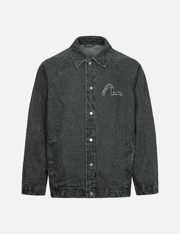 Retro Fedora CapsSeagull and Slogan Embroidery Oversized  Denim Coach Jacket