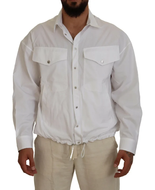 Sun-Protective Fishing HatsWhite Cotton Collared Casual Men Long Sleeves Jacket